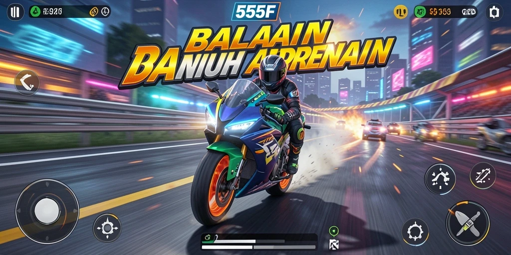 Screenshot gameplay 555F menampilkan balapan motor yang seru dan mendebarkan.