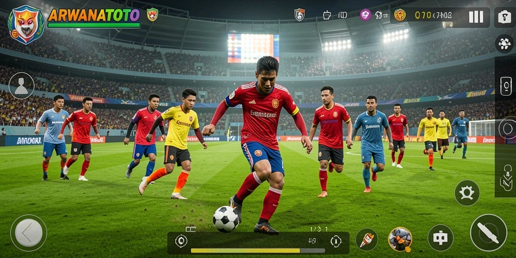 Tampilan gameplay ARWANATOTO dengan aksi sepak bola yang mendebarkan.