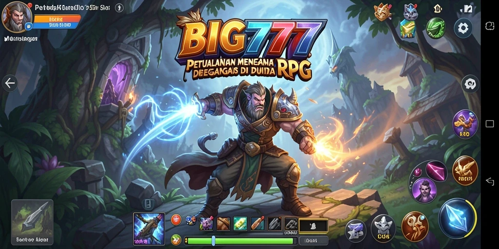Screenshot gameplay BIG777 menampilkan karakter dalam pertarungan epik di dunia fantasi.