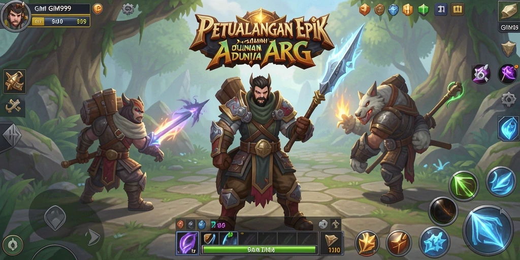 Screenshot utama GIM999 menampilkan aksi pertarungan yang seru dan dramatis dalam dunia ARPG.
