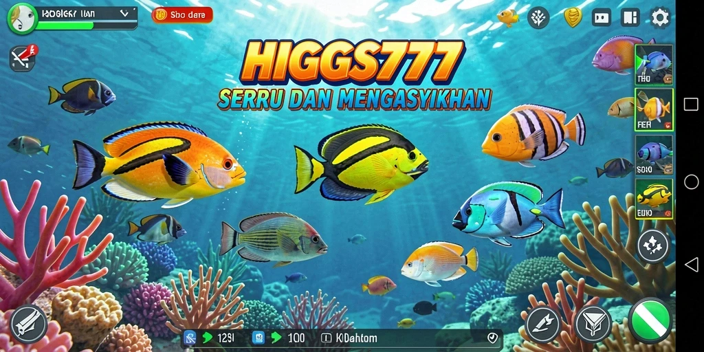 Tampilan gameplay HIGGS777 saat menembak ikan yang berwarna-warni.