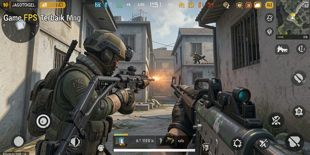 Screenshot utama JAGOTOGEL menampilkan aksi gameplay menembak yang intens.