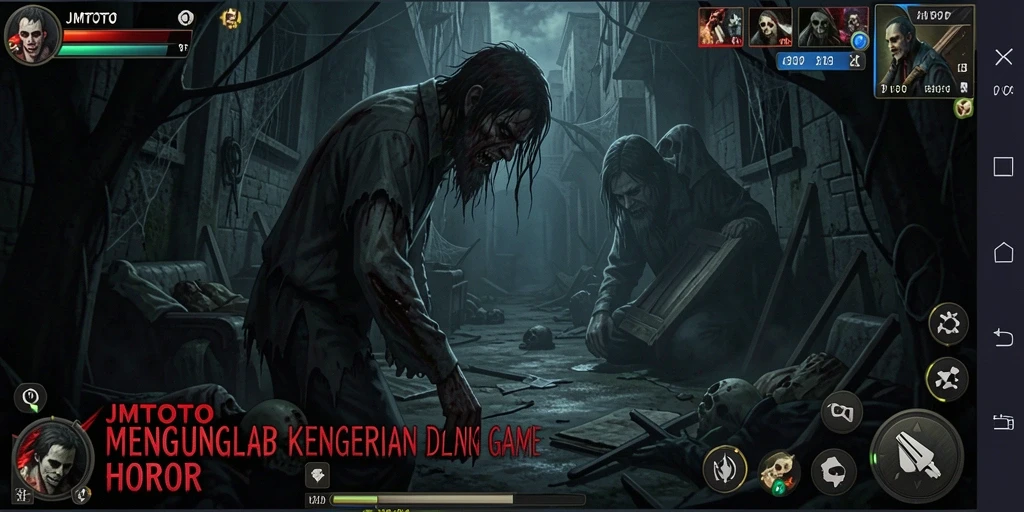 Screenshot JMTOTO menampilkan suasana mencekam saat menjelajahi lingkungan yang gelap.
