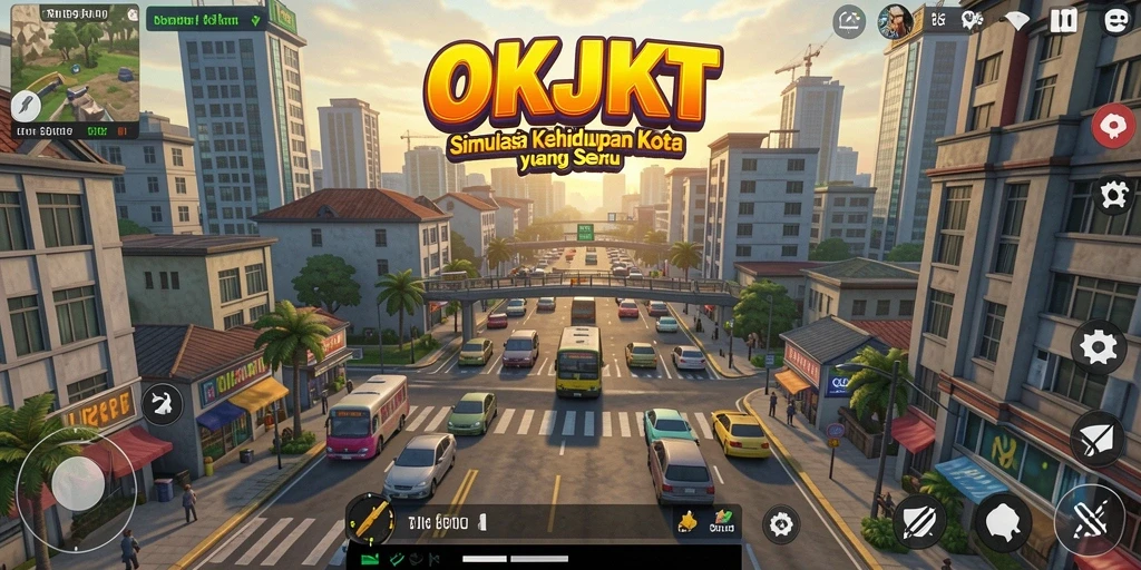 Screenshot gameplay OKJKT yang menunjukkan aktivitas kota yang dinamis.