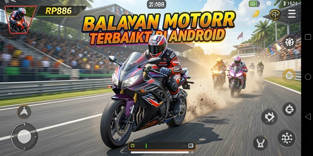 Tangkapan layar gameplay RP886 dengan aksi balapan yang mendebarkan.