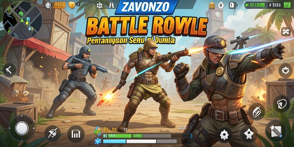 Screenshot gameplay ZAVONZO menampilkan aksi seru dalam pertempuran Battle Royale.